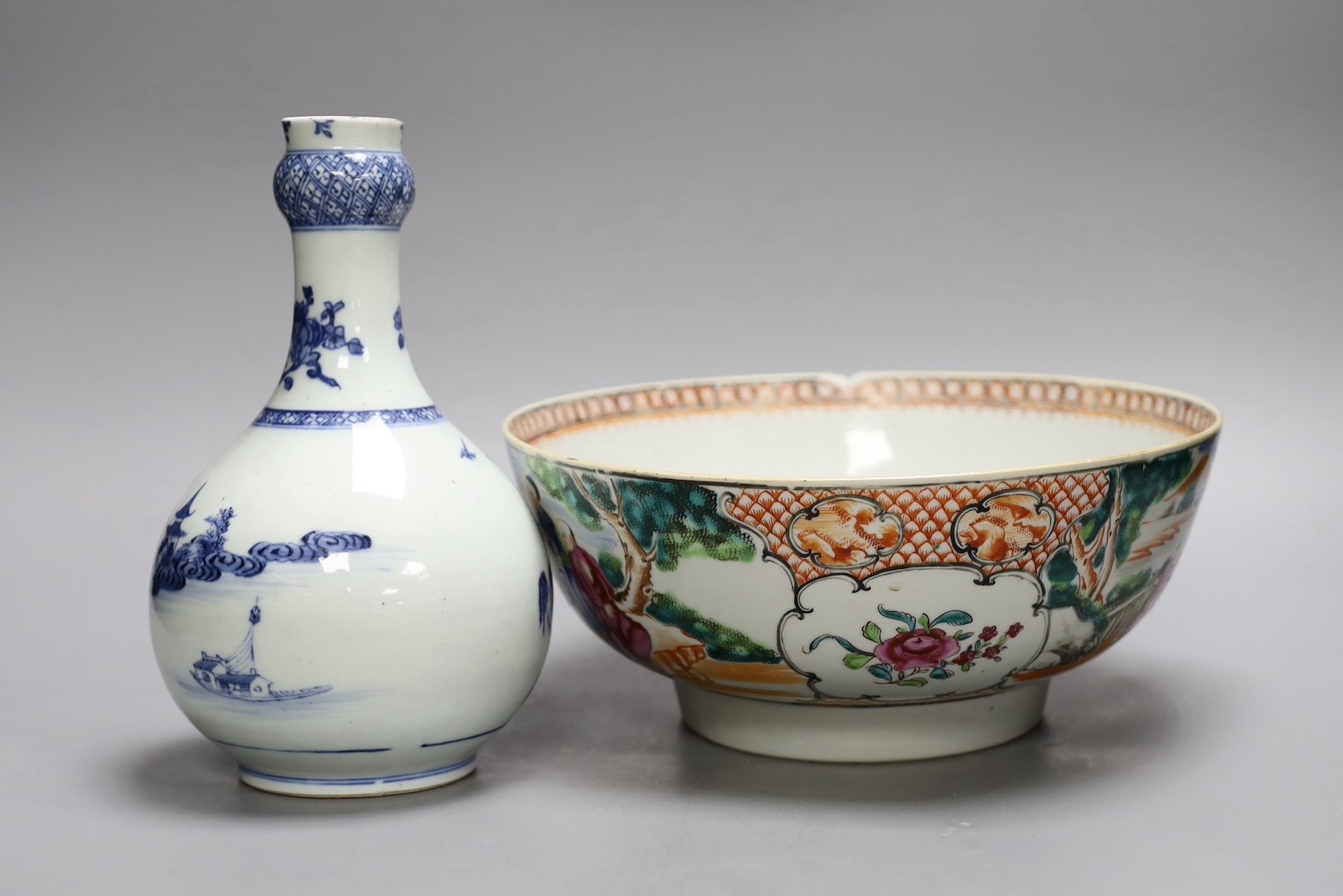 A Chinese Qianlong blue and white garlic neck vase and a famille rose bowl, 18th century, bowl diameter 26cm